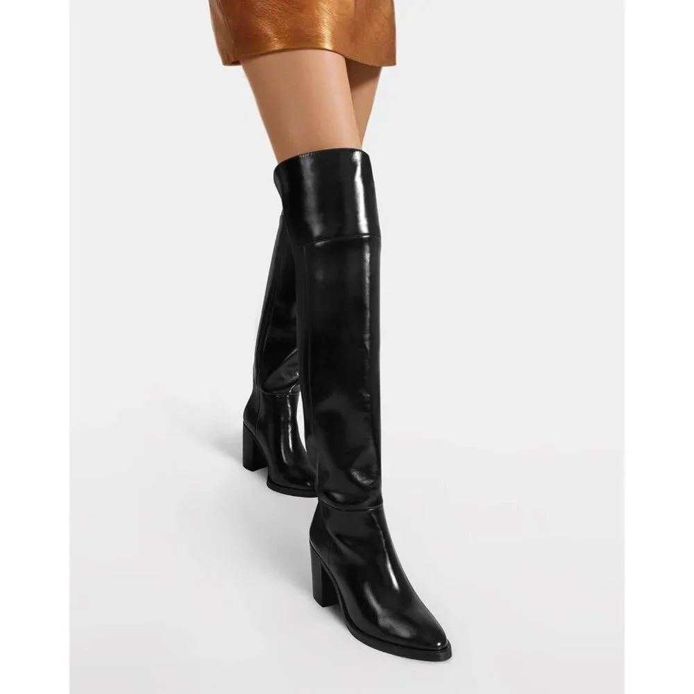 Women Black Pu Over the Knee Square Toe Chunky Heel Patent Leather Long Boots